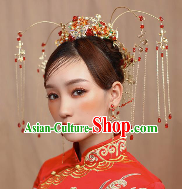 Chinese Ancient Bride Cloisonne Phoenix Coronet Wedding Hair Accessories Hairpins Headwear for Women