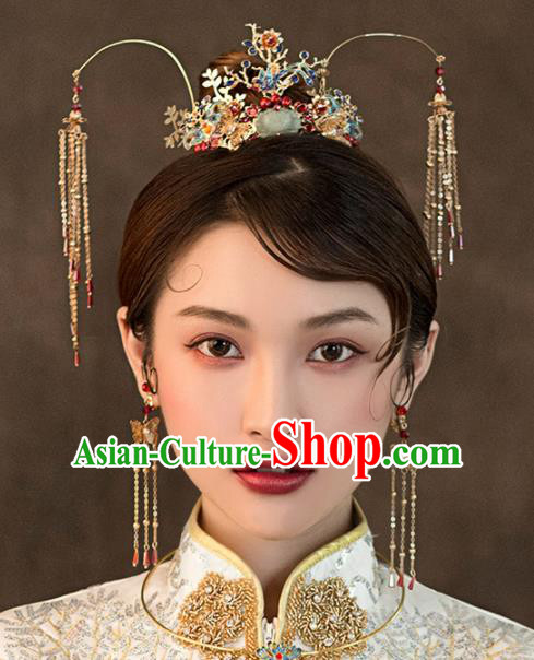 Chinese Ancient Bride Blueing Phoenix Coronet Wedding Hair Accessories Hairpins Headwear for Women