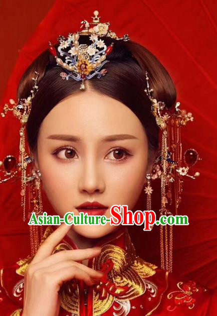 Chinese Ancient Bride Blueing Hair Crown Wedding Hair Accessories Palace Hairpins Headwear for Women