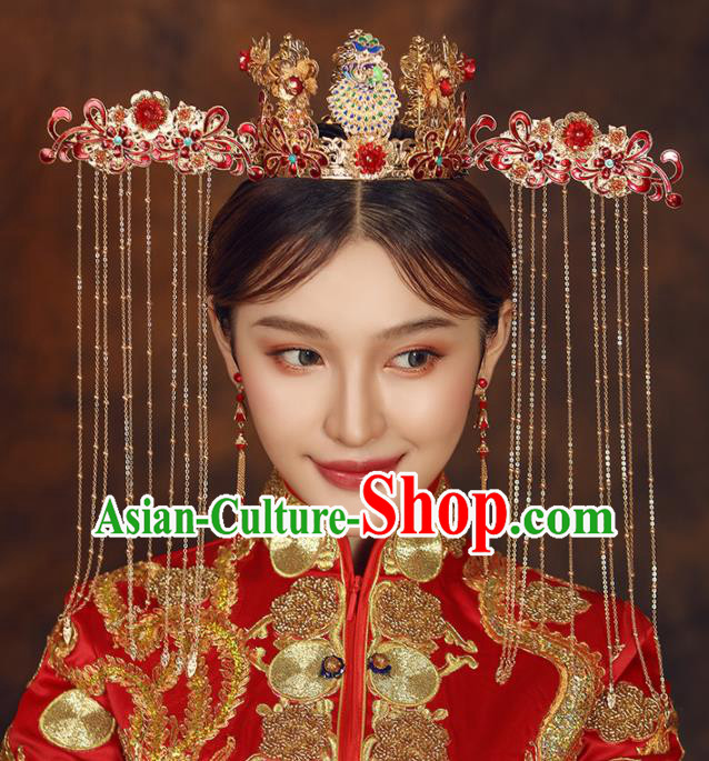 Chinese Ancient Bride Red Phoenix Coronet Wedding Hair Accessories Palace Hairpins Headwear for Women