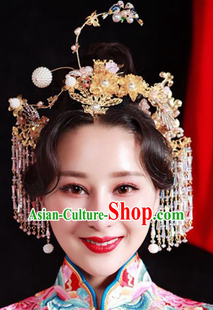 Chinese Ancient Bride Golden Hair Crown Wedding Hair Accessories Palace Hairpins Headwear for Women