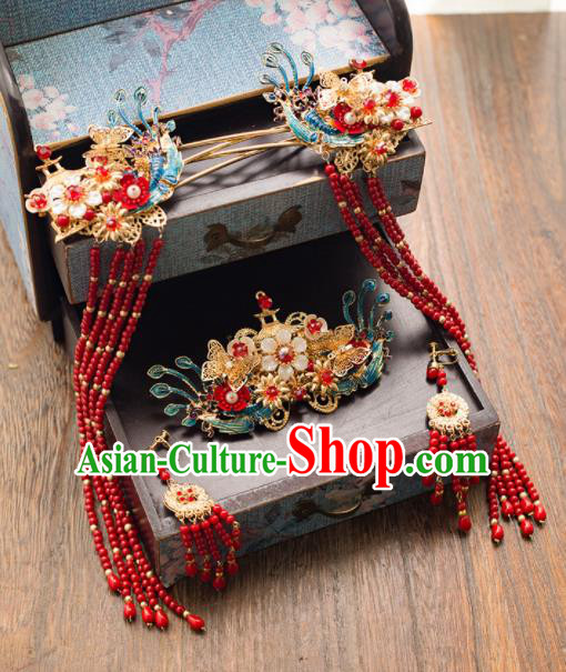 Chinese Ancient Bride Blueing Hair Crown Wedding Hair Accessories Palace Tassel Hairpins Headwear for Women