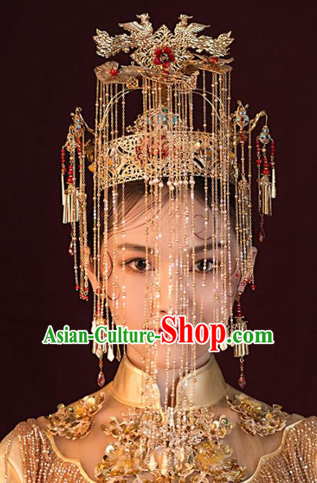 Chinese Ancient Wedding Hair Accessories Luxury Golden Phoenix Coronet Bride Hairpins Headwear for Women