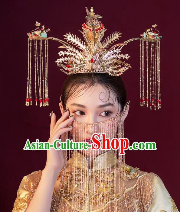 Chinese Ancient Bride Phoenix Coronet Wedding Hair Accessories Tassel Hairpins Headwear for Women