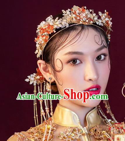 Chinese Ancient Wedding Hair Accessories Bride Pearls Phoenix Coronet Tassel Hairpins Headwear for Women