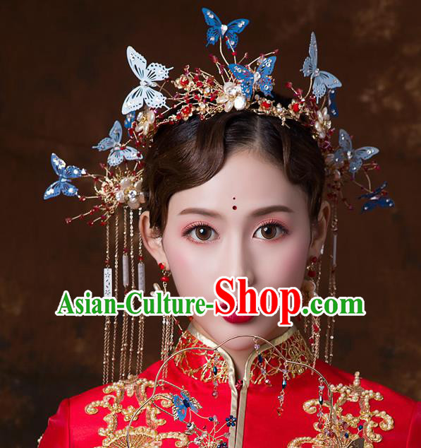 Chinese Ancient Wedding Blue Butterfly Hair Accessories Bride Phoenix Coronet Tassel Hairpins Headwear for Women