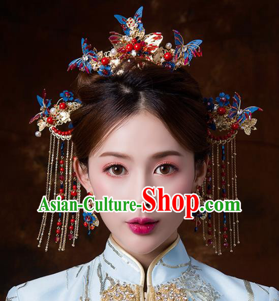Chinese Ancient Wedding Blue Butterfly Hair Accessories Bride Tassel Hairpins Headwear for Women