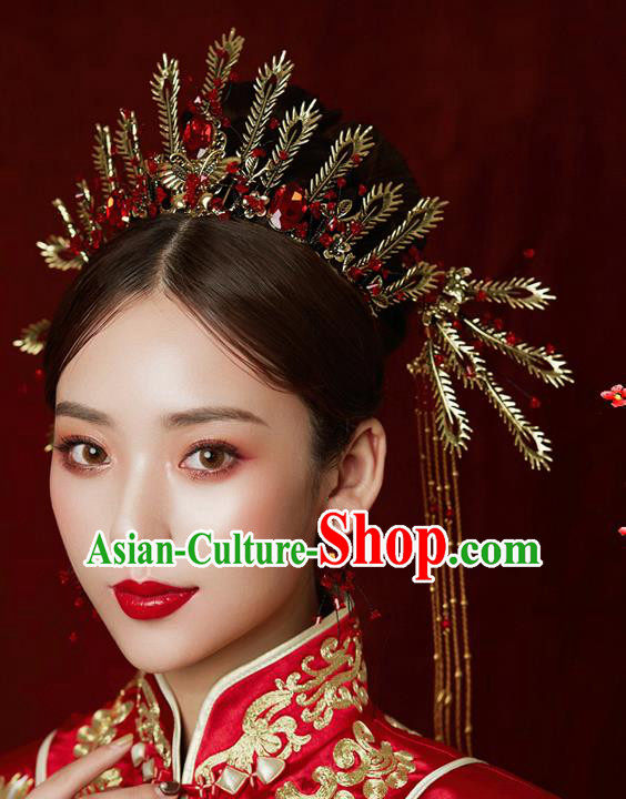 Chinese Ancient Wedding Hair Accessories Bride Golden Phoenix Coronet Tassel Hairpins Headwear for Women