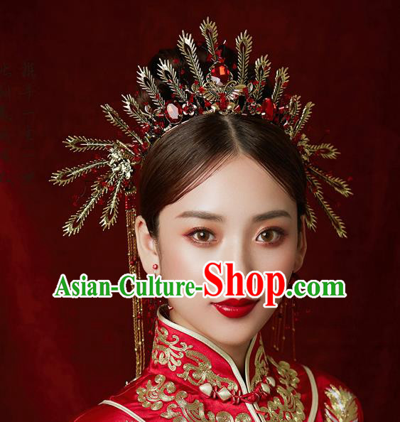 Chinese Ancient Wedding Hair Accessories Bride Golden Phoenix Coronet Tassel Hairpins Headwear for Women