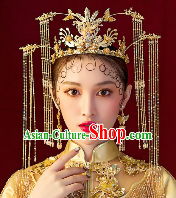 Chinese Ancient Wedding Hair Accessories Bride Golden Tassel Phoenix Coronet Hairpins Headwear for Women