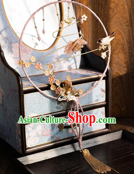 Chinese Ancient Wedding Accessories Bride Palace Fans Butterfly Tassel Round Fan for Women