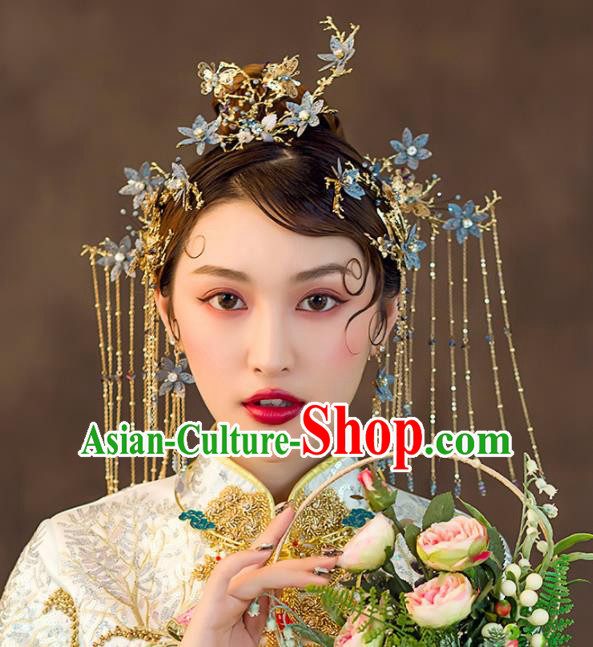 Chinese Ancient Wedding Hair Accessories Bride Blue Flowers Phoenix Coronet Hairpins Headwear for Women