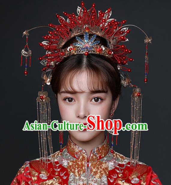 Chinese Ancient Wedding Hair Accessories Bride Red Beads Phoenix Coronet Tassel Hairpins Headwear for Women