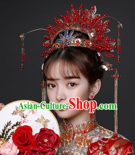 Chinese Ancient Wedding Hair Accessories Bride Red Beads Phoenix Coronet Tassel Hairpins Headwear for Women