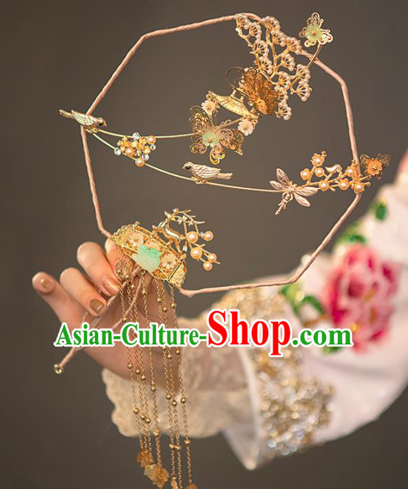 Chinese Ancient Wedding Accessories Bride Palace Fans Golden Tassel Round Fan for Women