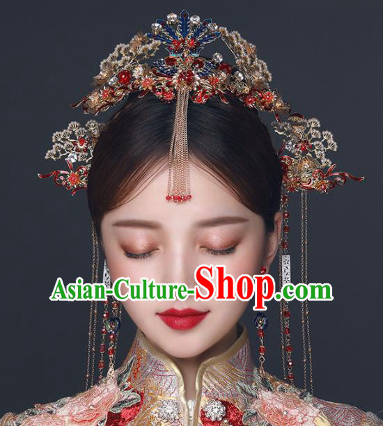 Chinese Ancient Wedding Hair Accessories Bride Blueing Phoenix Coronet Tassel Hairpins Headwear for Women