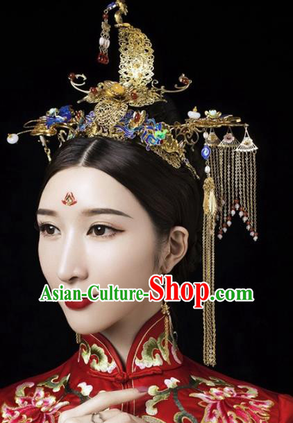 Chinese Ancient Palace Bride Phoenix Coronet Wedding Hair Accessories Tassel Hairpins Headwear for Women