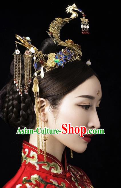 Chinese Ancient Palace Bride Phoenix Coronet Wedding Hair Accessories Tassel Hairpins Headwear for Women