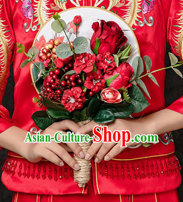 Chinese Ancient Wedding Accessories Bride Handmade Red Rose Palace Fans Round Fans for Women