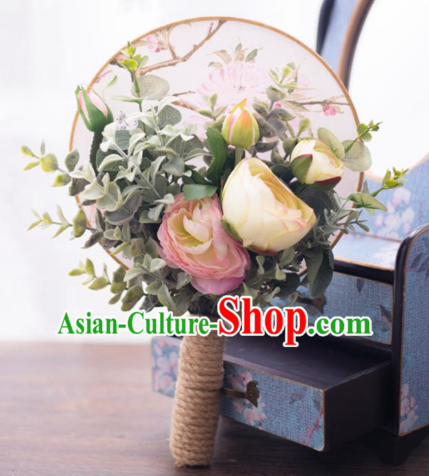 Chinese Ancient Wedding Accessories Bride Handmade Rose Palace Fans Round Fans for Women