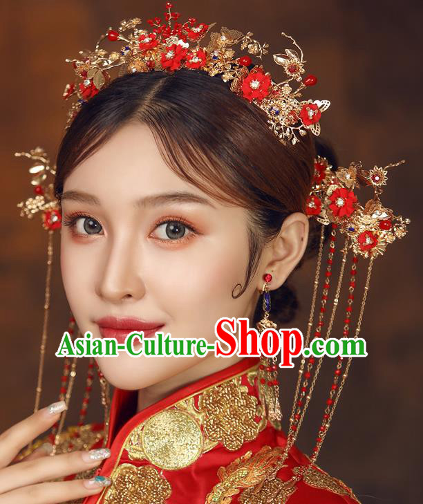 Chinese Ancient Palace Bride Red Flowers Hair Crown Wedding Hair Accessories Tassel Hairpins Headwear for Women