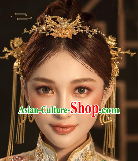 Chinese Ancient Palace Bride Golden Hair Crown Wedding Hair Accessories Tassel Hairpins Headwear for Women