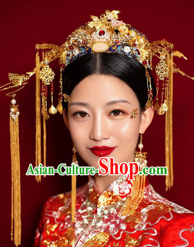 Chinese Ancient Palace Bride Phoenix Coronet Wedding Hair Accessories Tassel Hairpins Headwear for Women