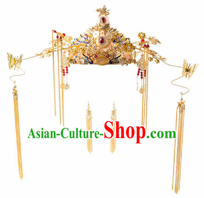 Chinese Ancient Palace Bride Phoenix Coronet Wedding Hair Accessories Tassel Hairpins Headwear for Women
