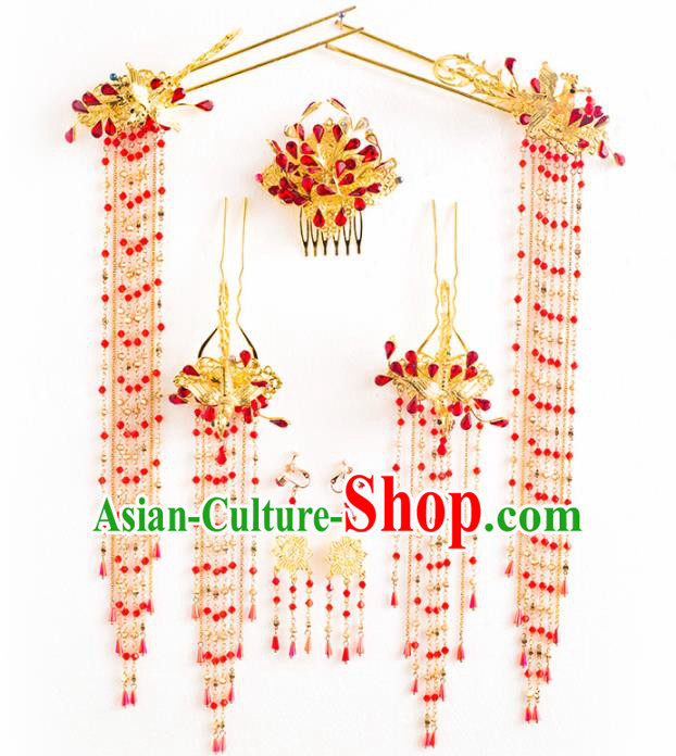 Chinese Ancient Palace Bride Hair Accessories Wedding Golden Phoenix Hairpins Headwear for Women