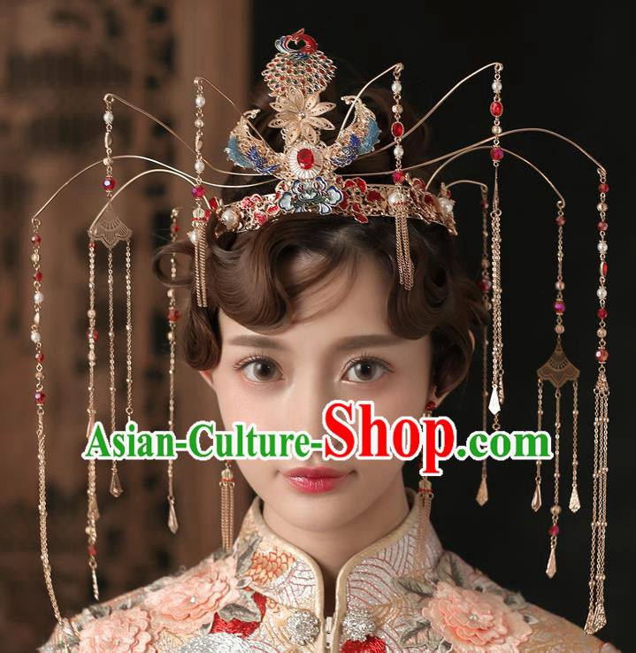 Chinese Ancient Bride Luxurious Phoenix Coronet Wedding Hair Accessories Palace Tassel Hairpins Headwear for Women