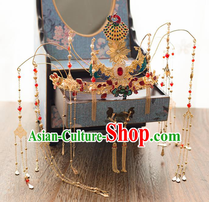 Chinese Ancient Bride Luxurious Phoenix Coronet Wedding Hair Accessories Palace Tassel Hairpins Headwear for Women