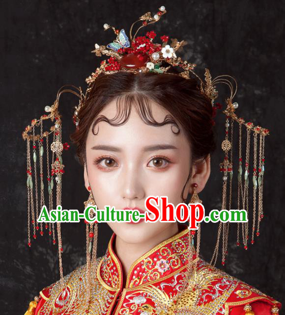 Chinese Ancient Palace Bride Hair Accessories Wedding Agate Phoenix Coronet Hairpins Headwear for Women