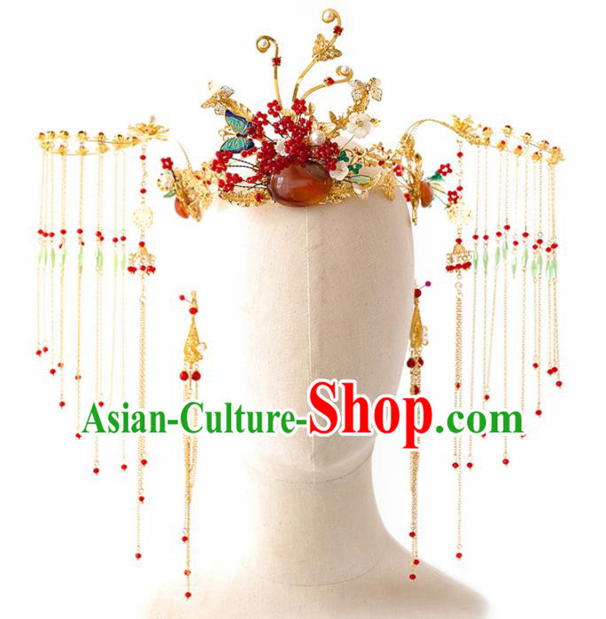 Chinese Ancient Palace Bride Hair Accessories Wedding Agate Phoenix Coronet Hairpins Headwear for Women