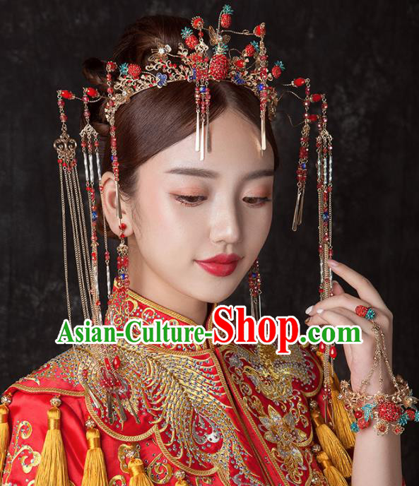 Chinese Ancient Palace Bride Hair Accessories Wedding Strawberry Phoenix Coronet Hairpins Headwear for Women