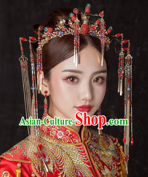 Chinese Ancient Palace Bride Hair Accessories Wedding Strawberry Phoenix Coronet Hairpins Headwear for Women