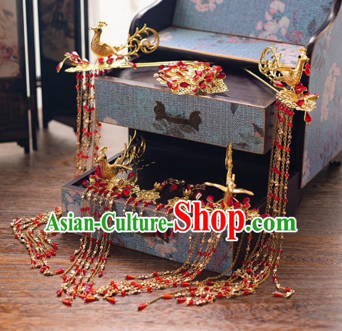 Chinese Ancient Palace Bride Hair Accessories Tassel Hair Clips Phoenix Hairpins Headwear for Women