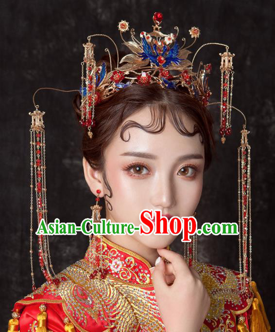 Chinese Ancient Palace Bride Hair Accessories Blueing Cranes Phoenix Coronet Hairpins Headwear for Women