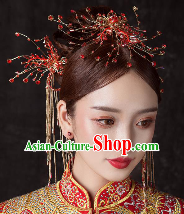 Chinese Ancient Palace Bride Hair Accessories Red Beads Hair Comb Hairpins Headwear for Women