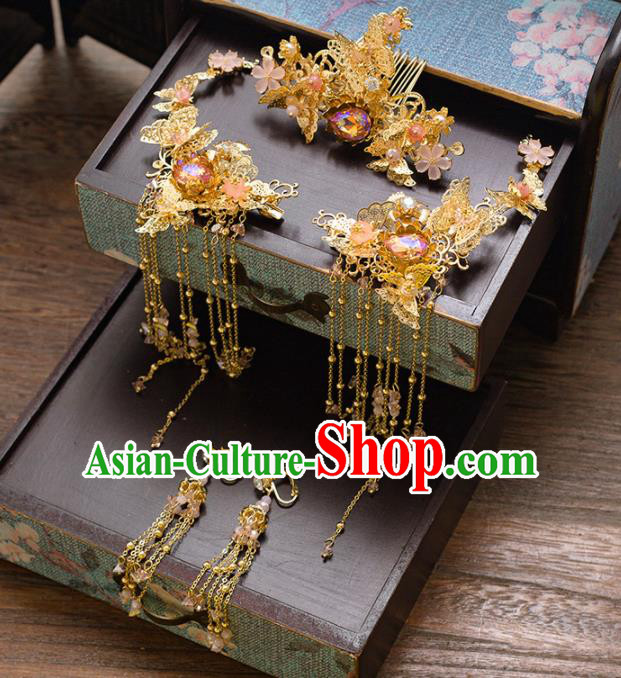 Chinese Ancient Palace Bride Hair Accessories Hanfu Golden Hair Comb Hairpins Headwear for Women