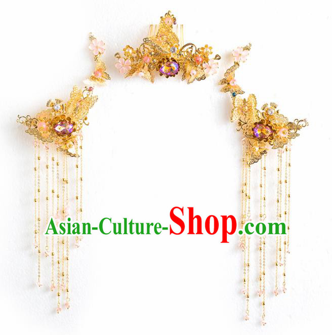 Chinese Ancient Palace Bride Hair Accessories Hanfu Golden Hair Comb Hairpins Headwear for Women
