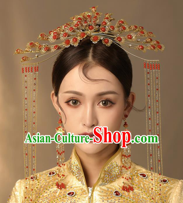 Chinese Ancient Palace Hair Accessories Bride Hanfu Red Beads Phoenix Coronet Tassel Hairpins Headwear for Women