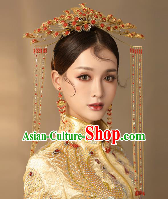 Chinese Ancient Palace Hair Accessories Bride Hanfu Red Beads Phoenix Coronet Tassel Hairpins Headwear for Women
