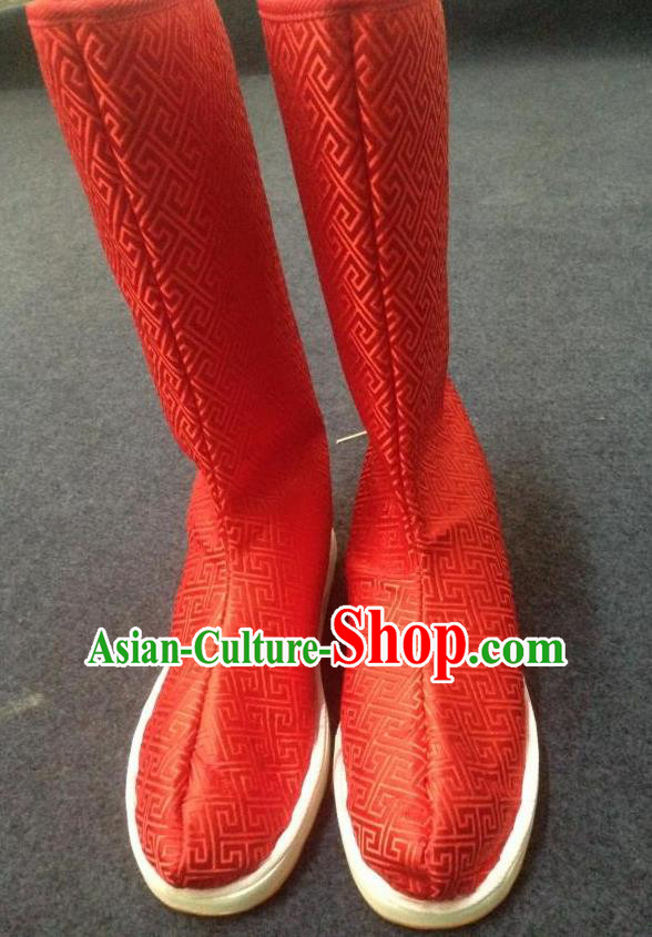 Chinese Traditional Shoes Ancient Emperor Beijing Opera Red Boots Hanfu Satin Boots for Men