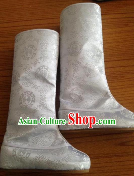 Chinese Traditional Shoes Beijing Opera White Boots Ancient Hanfu Satin Boots for Men