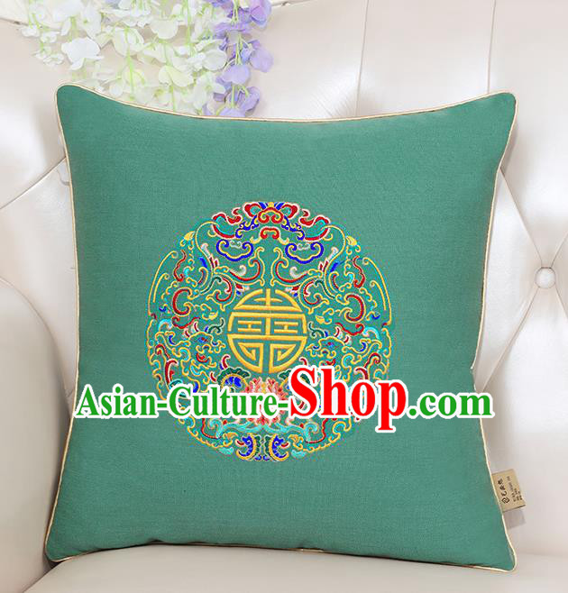 Chinese Classical Household Ornament Traditional Handmade Embroidered Green Linen Cushion