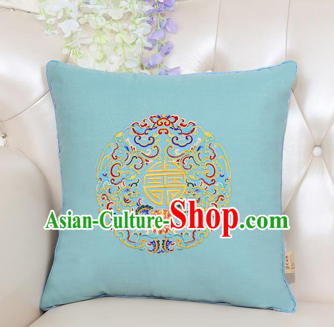 Chinese Classical Household Ornament Traditional Handmade Embroidered Blue Linen Cushion