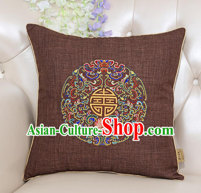 Chinese Classical Household Ornament Traditional Handmade Embroidered Brown Linen Cushion