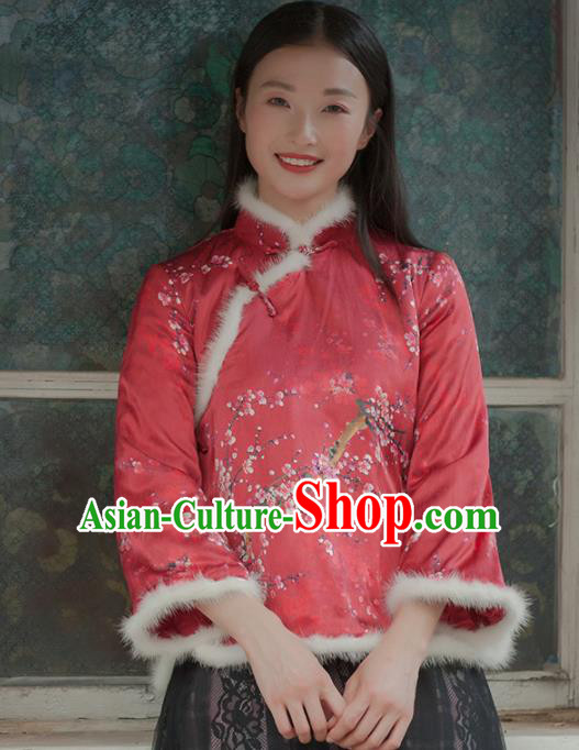 Chinese Traditional Costumes National Tang Suit Qipao Blouse Red Cotton Padded Jacket for Women