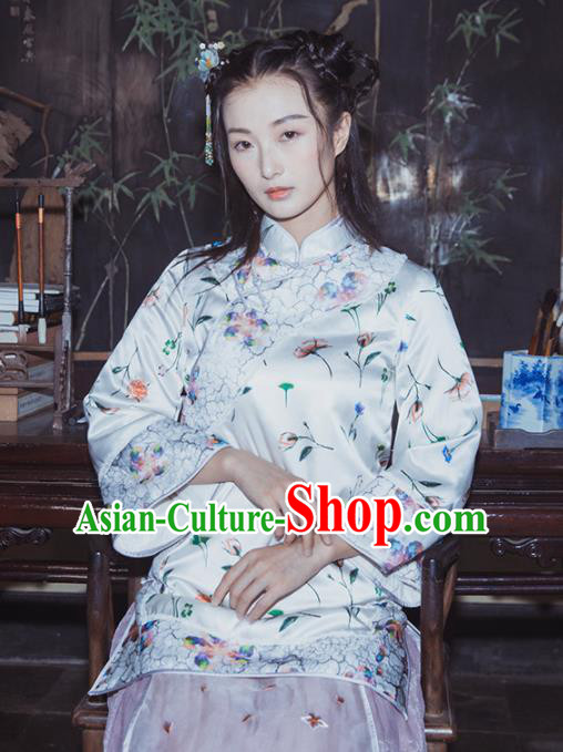 Chinese Traditional Costumes National Qipao Blouse White Silk Tang Suit Shirt for Women