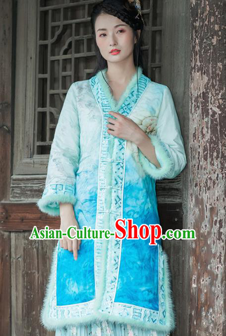 Chinese Traditional Costumes National Upper Outer Garment Blue Silk Qipao Coat for Women